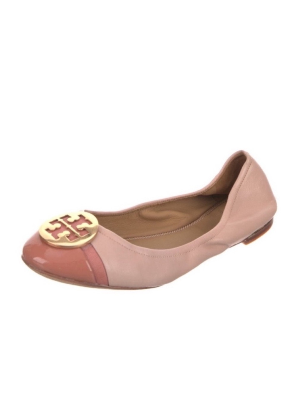 TORY BURCH Minnie Blush Shell Pink Leather Gold Medallion Logo Ballet Flat - Picture 3 of 7
